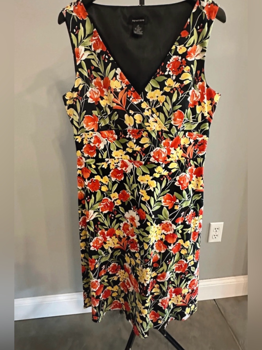 Spense Black Floral Midi Dress with Red & Yellow Blooms